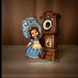 Vintage 1971 Byron Mold Girl with Grandfather Clock Figurine, Blue Bonnet Decor